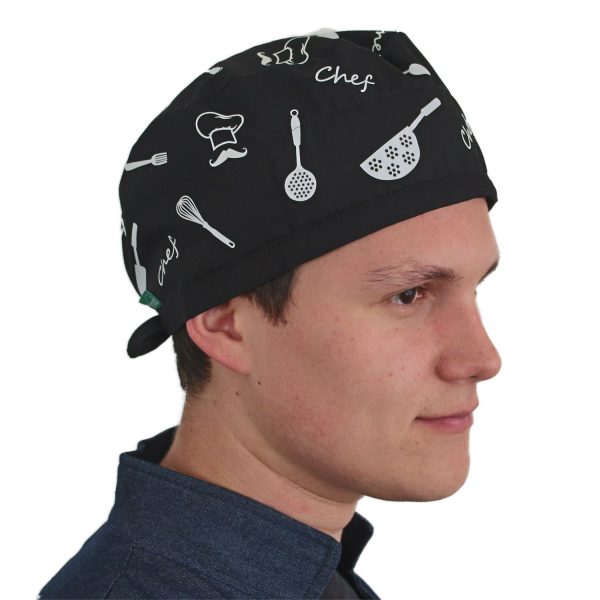 Gorro Negro Chef y Utensilios Blanco -Unisex